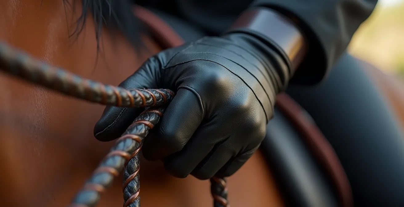 Vue macro détaillée des mains d'un cavalier tenant les rênes avec une mise au point sur la texture et la tension