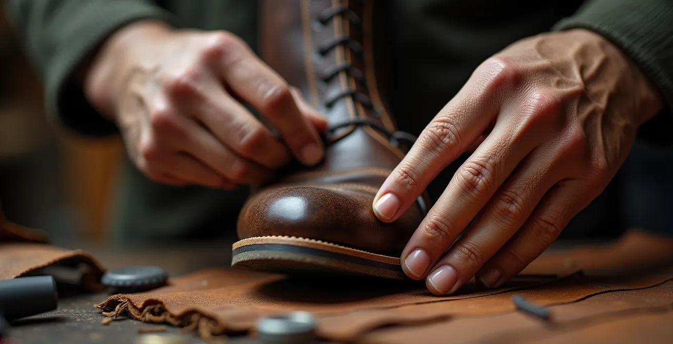 Gros plan sur les mains expertes d'un cordonnier travaillant le cuir d'une botte d'équitation
