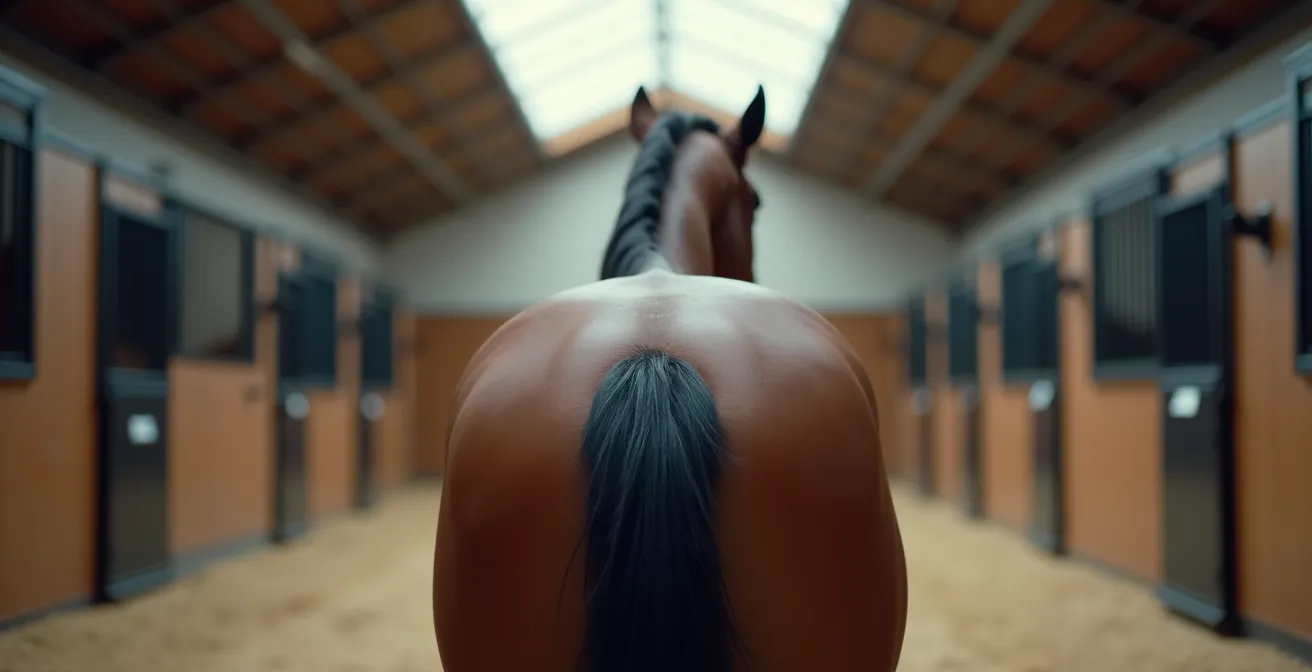 Vue arrière du dos d'un cheval montrant une asymétrie musculaire des épaules