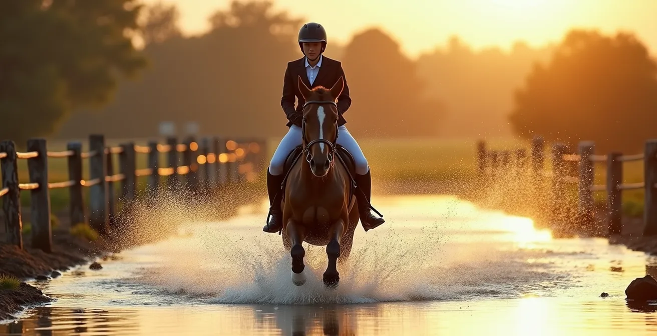 Casque de cross sans visière porté par un cavalier en action sur parcours naturel