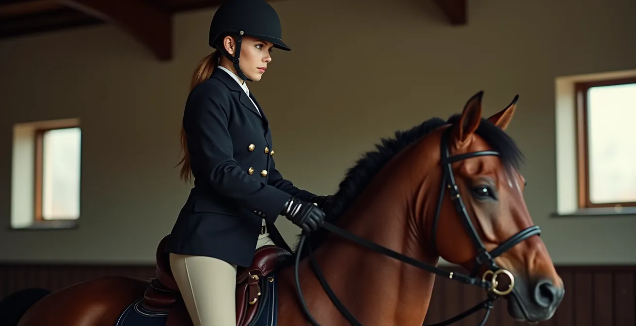 Portrait d'un cavalier Hunter en position parfaite montrant la symétrie absolue recherchée