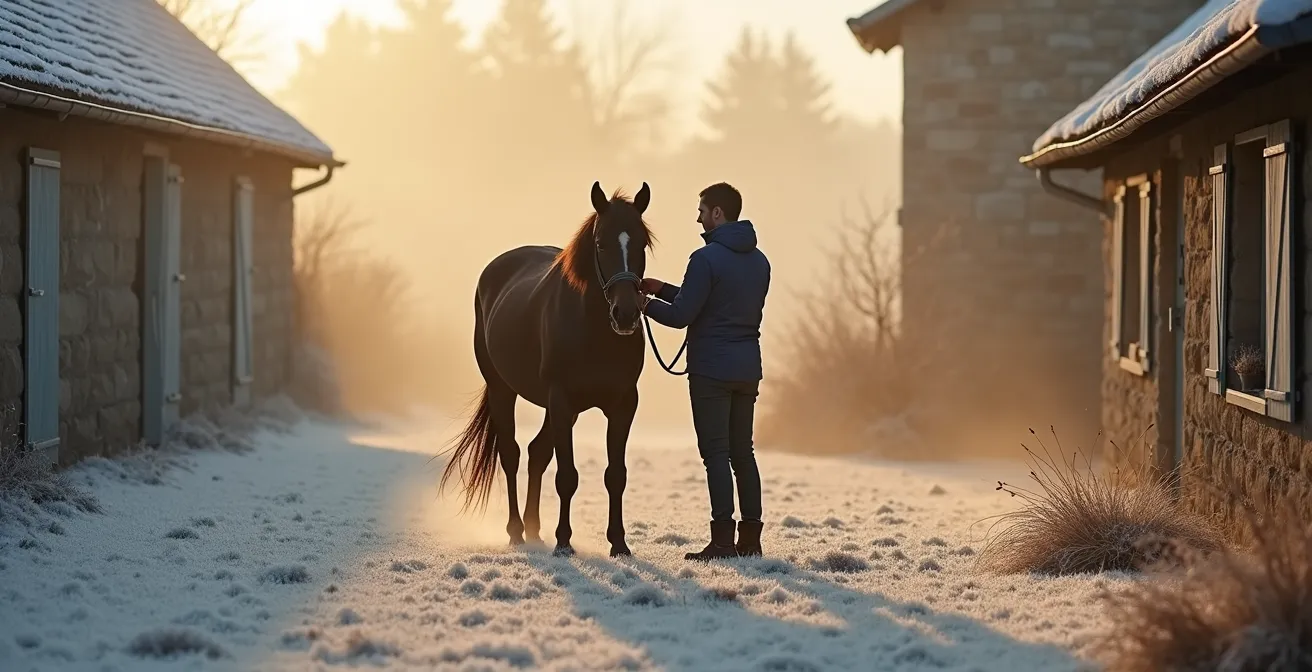 Cavalier préparant son cheval en extérieur par temps froid avec manteau technique court