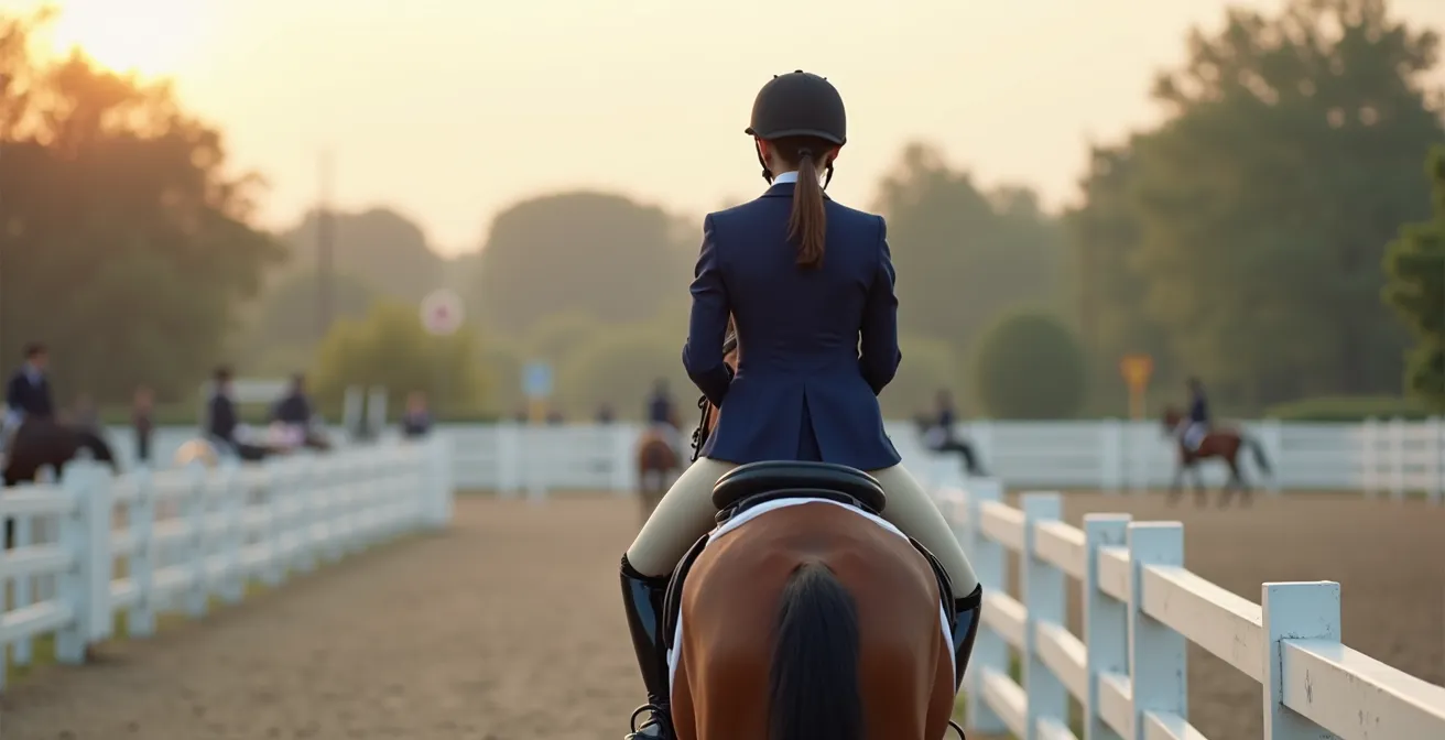 Cavalier portant une veste de concours bleu marine en compétition de saut d'obstacles