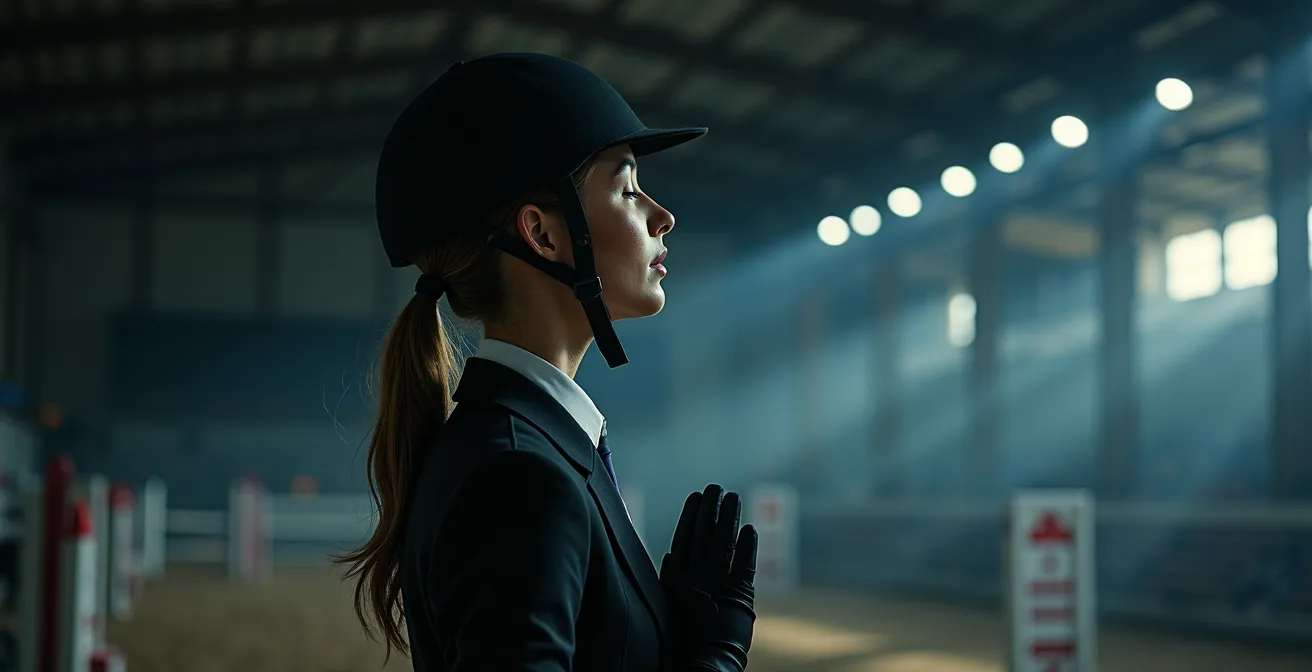 Cavalier en concentration profonde visualisant mentalement son parcours de CSO avant l'épreuve