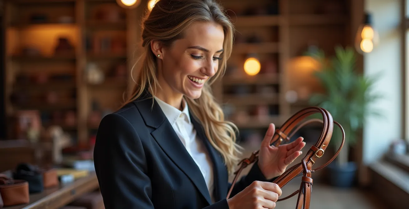 Cavalière française examinant des équipements lors d'une vente privée