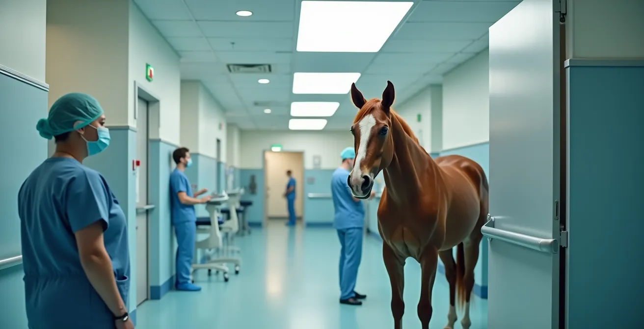 Cheval en soins d'urgence dans une clinique vétérinaire équine moderne