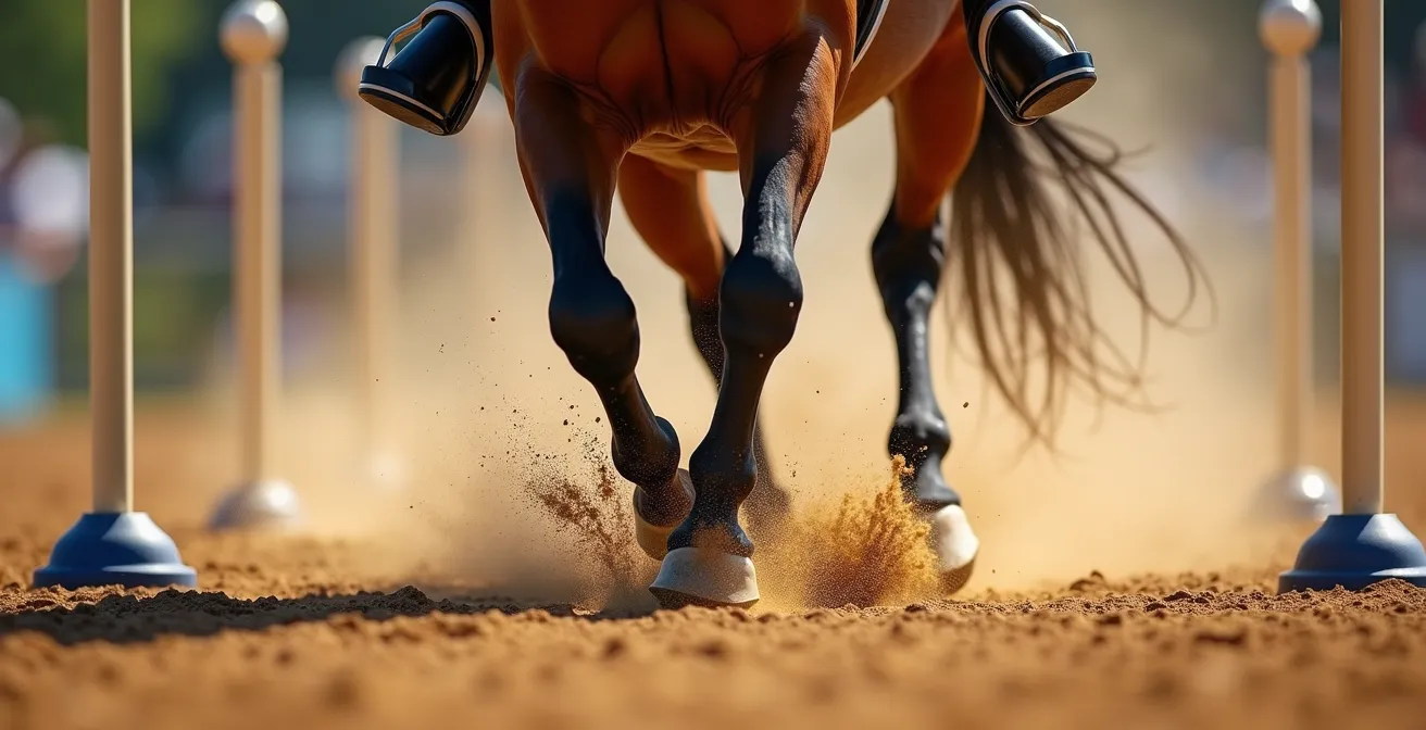 Vue macro détaillée des membres d'un cheval en pleine foulée d'approche vers un obstacle de CSO