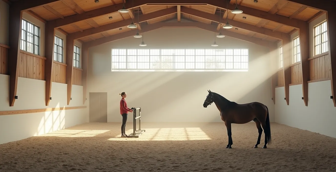 Exercice de désensibilisation au montoir avec un pur-sang réformé dans un manège