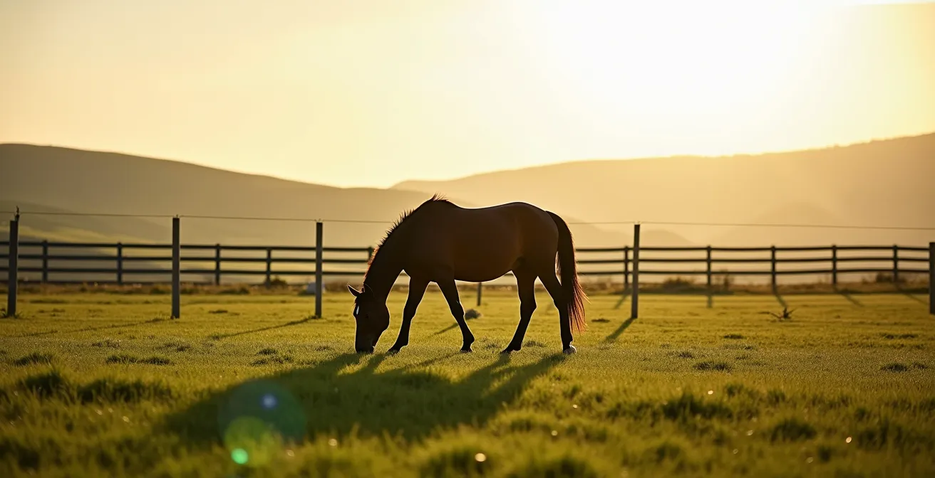 Cheval au repos dans un paddock verdoyant après une compétition, illustrant l'importance de la récupération