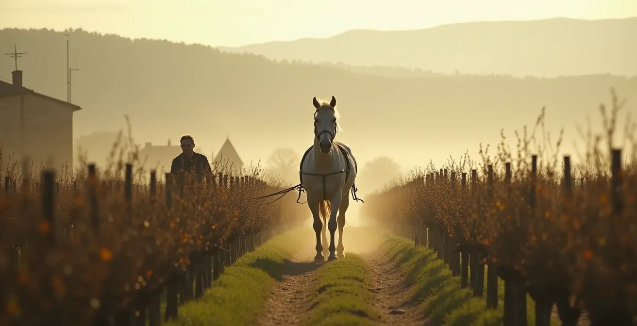Cheval Percheron gris travaillant dans les vignes françaises avec son meneur, ambiance matinale brumeuse