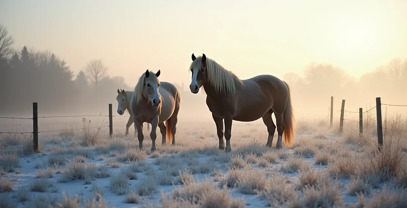 Chevaux rustiques au pré en hiver avec abri naturel en Normandie