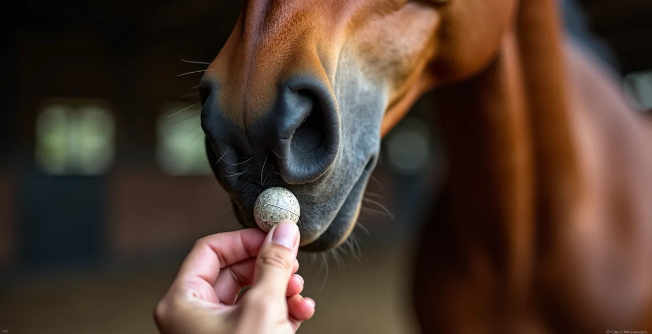 Gros plan sur la main tenant un clicker près du museau d'un cheval touchant une cible