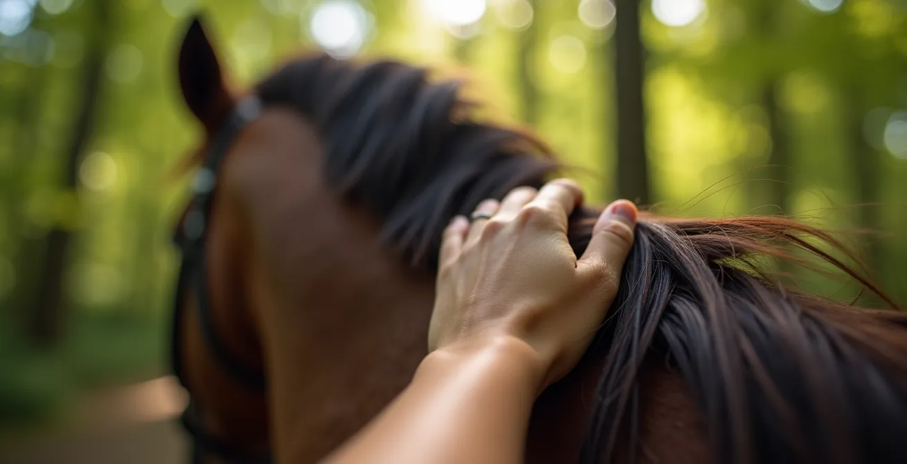 Gros plan sur la connexion apaisante entre une main de cavalier et l'encolure d'un cheval en extérieur
