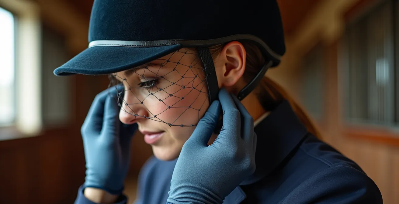Gros plan sur une cavalière ajustant sa résille sous son casque de concours avant l'épreuve