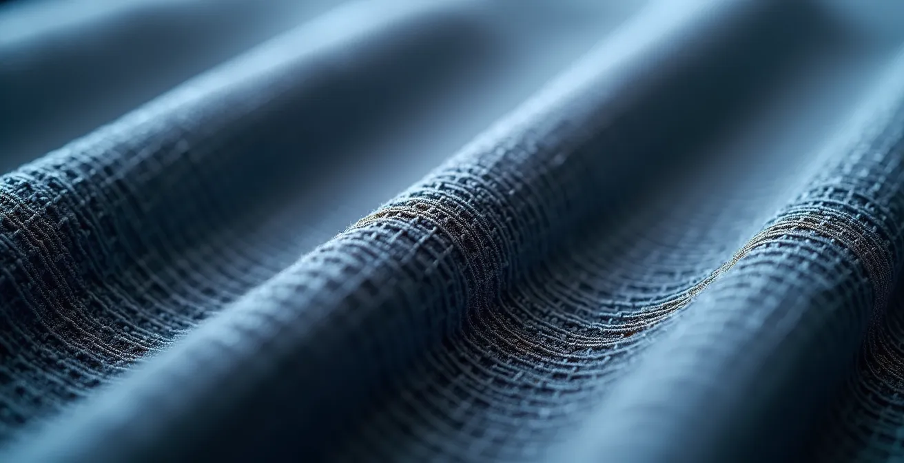 Détail macro d'un tissu technique sans couture montrant la texture lisse et les fibres respirantes