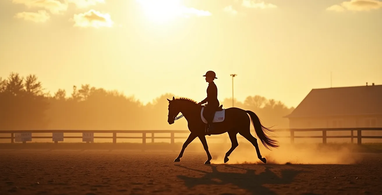 Vue large d'un cheval au travail en carrière montrant la ligne du dos et l'équilibre général