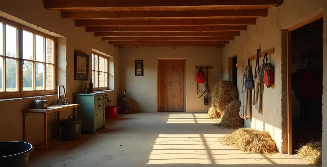 Vue large d'une écurie française traditionnelle avec matériel de soin disposé proprement