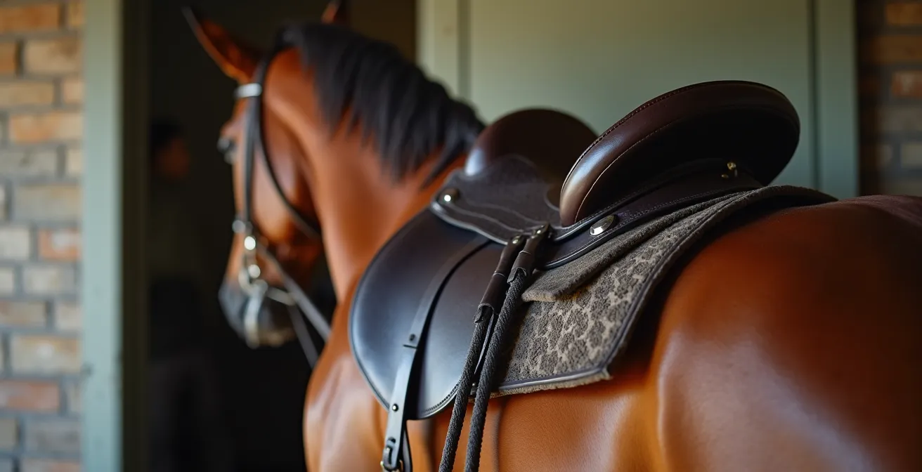 Vue latérale d'une selle correctement équilibrée sur le dos d'un cheval montrant l'horizontalité du siège