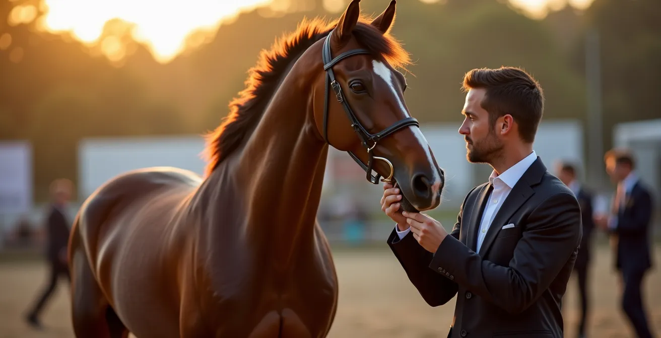 Étalon Selle Français en présentation lors d'un concours d'approbation à Saint-Lô