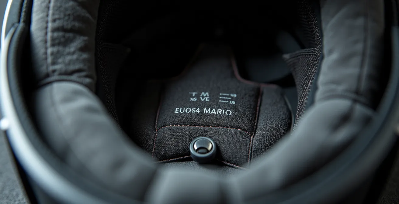 Photo macro d'une étiquette de casque d'équitation montrant les normes de sécurité