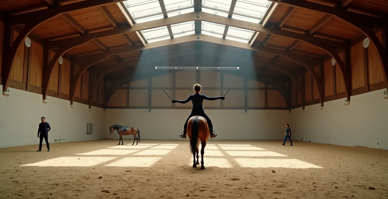 Cavalier pratiquant des exercices en longe sans rênes dans un manège