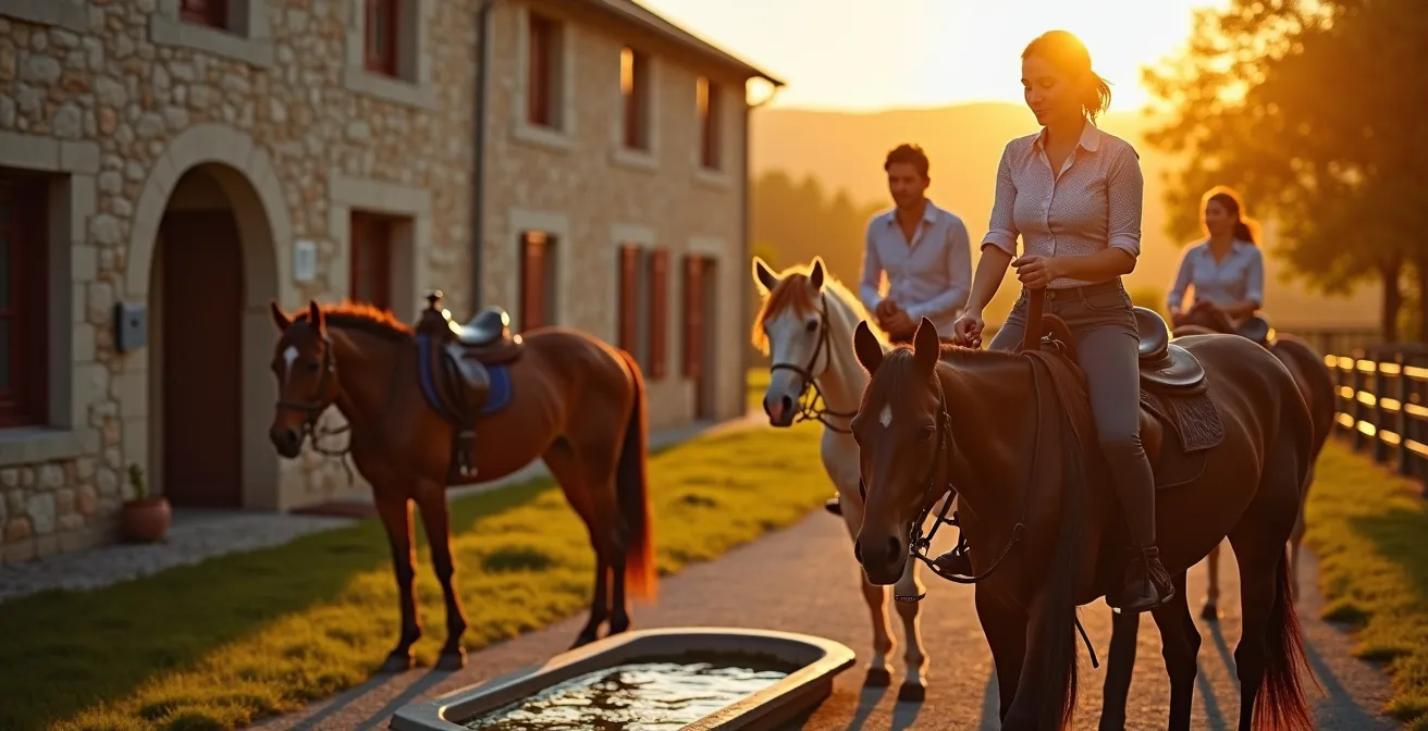 Gîte équestre traditionnel avec paddocks au coucher du soleil en France
