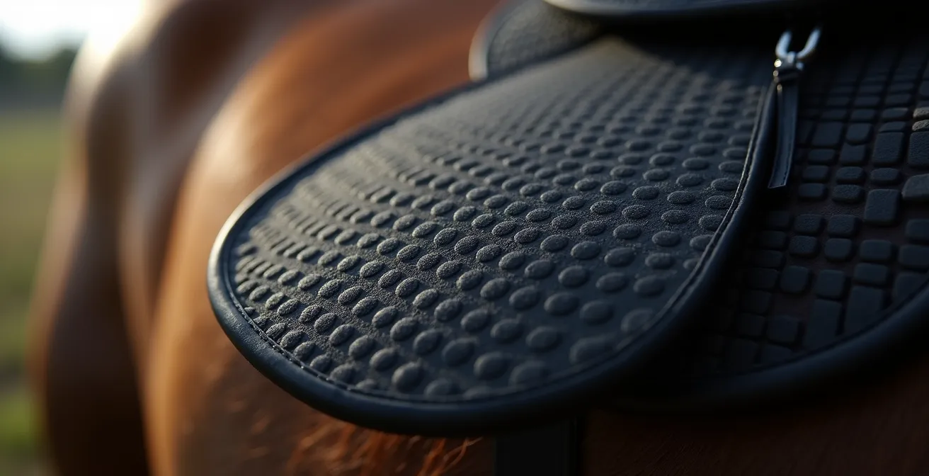 Détail macro du grip silicone sur un tapis de selle avec texture anti-dérapante