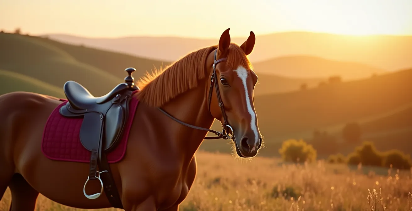 Cheval alezan en extérieur avec différents tapis de selle colorés pour visualiser les harmonies