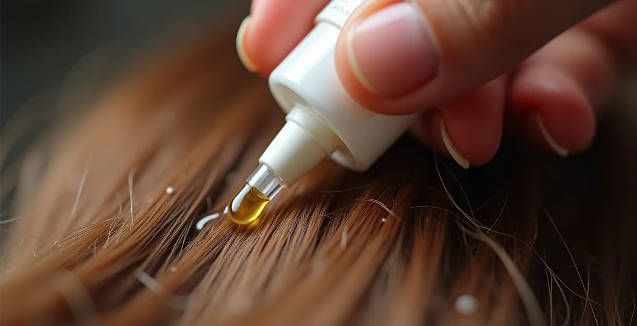 Gros plan sur une main appliquant délicatement un sérum démêlant sur les crins de queue d'un cheval