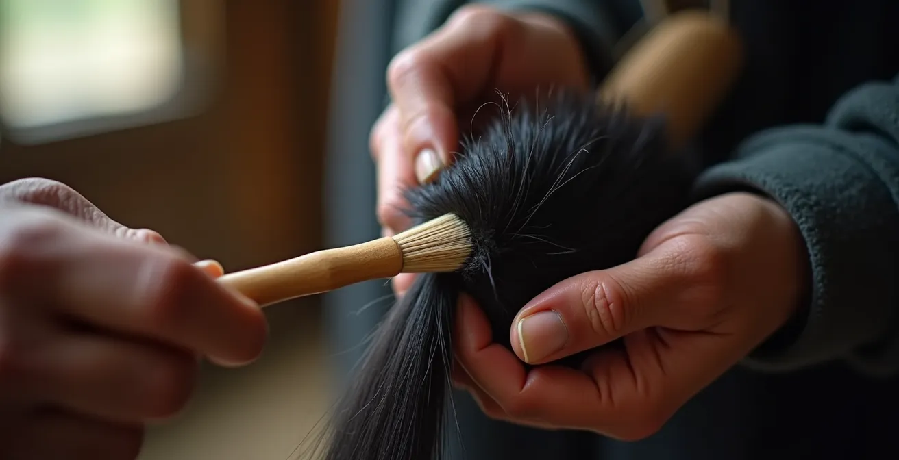 Gros plan sur une main brossant délicatement la crinière d'un cheval avec une brosse douce