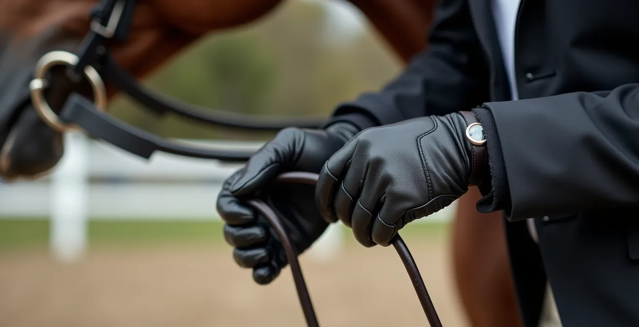 Mains de cavalier en gants noirs tenant les rênes avec précision pendant un parcours de CSO