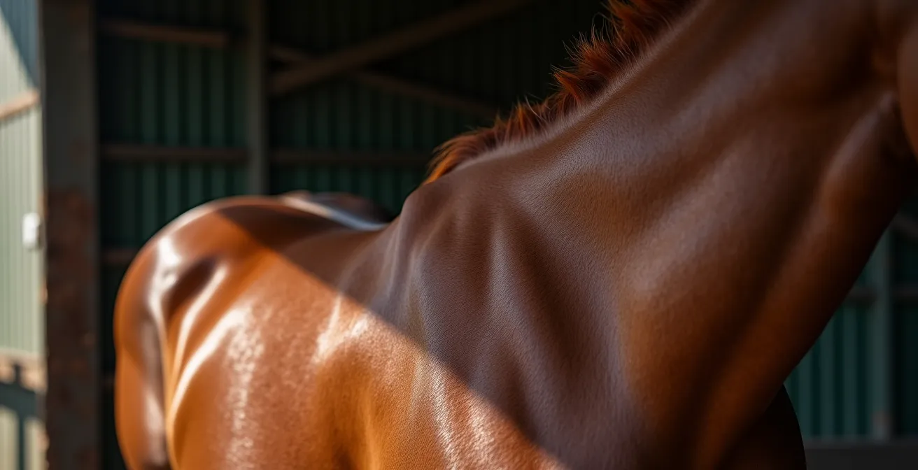 Vue macro détaillée des muscles du garrot d'un cheval montrant la zone des trapèzes