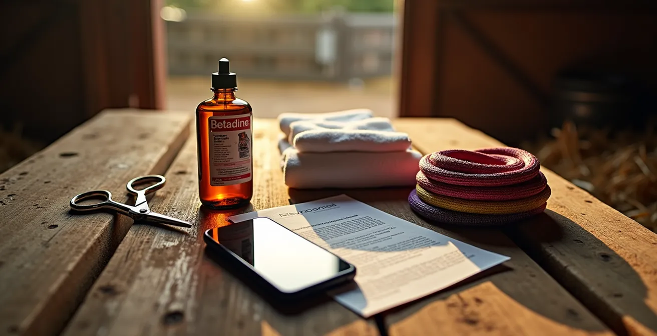 Kit d'urgence pour la naissance d'un poulain disposé sur une table d'écurie