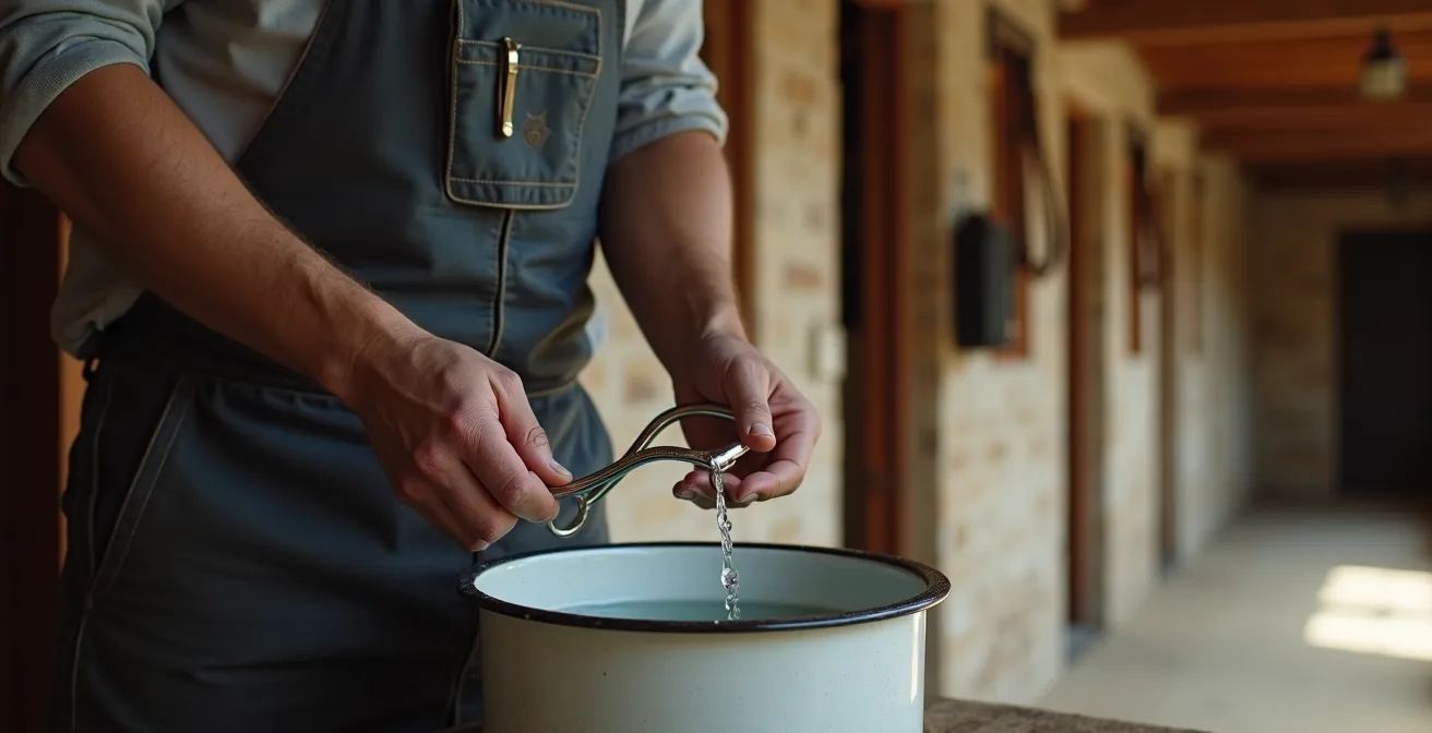 Plan moyen montrant le nettoyage d'un mors en inox avec du vinaigre blanc dans un seau, environnement d'écurie