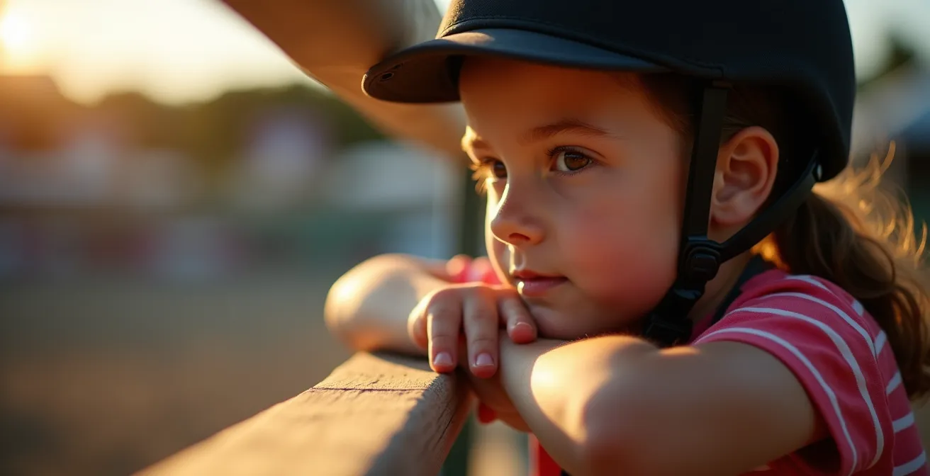 Cavalier observant attentivement un concurrent de niveau supérieur lors d'un concours équestre