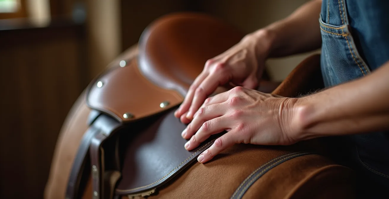 Main d'un cavalier palpant les panneaux de laine d'une selle pour détecter les zones de tassement