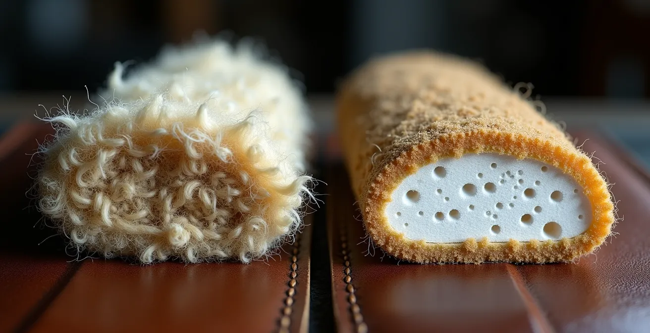 Comparaison visuelle entre panneaux en laine naturelle et panneaux en mousse synthétique sur établi de sellier