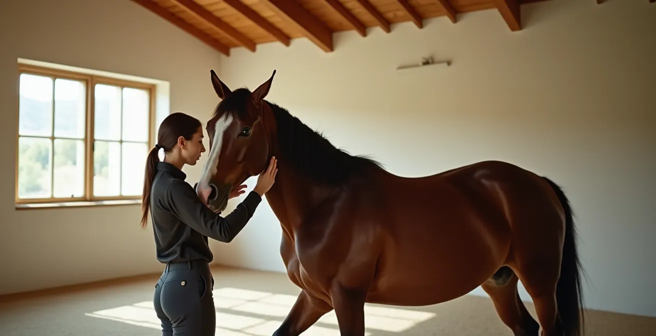 Vue large d'un cavalier massant le garrot de son cheval dans une écurie lumineuse