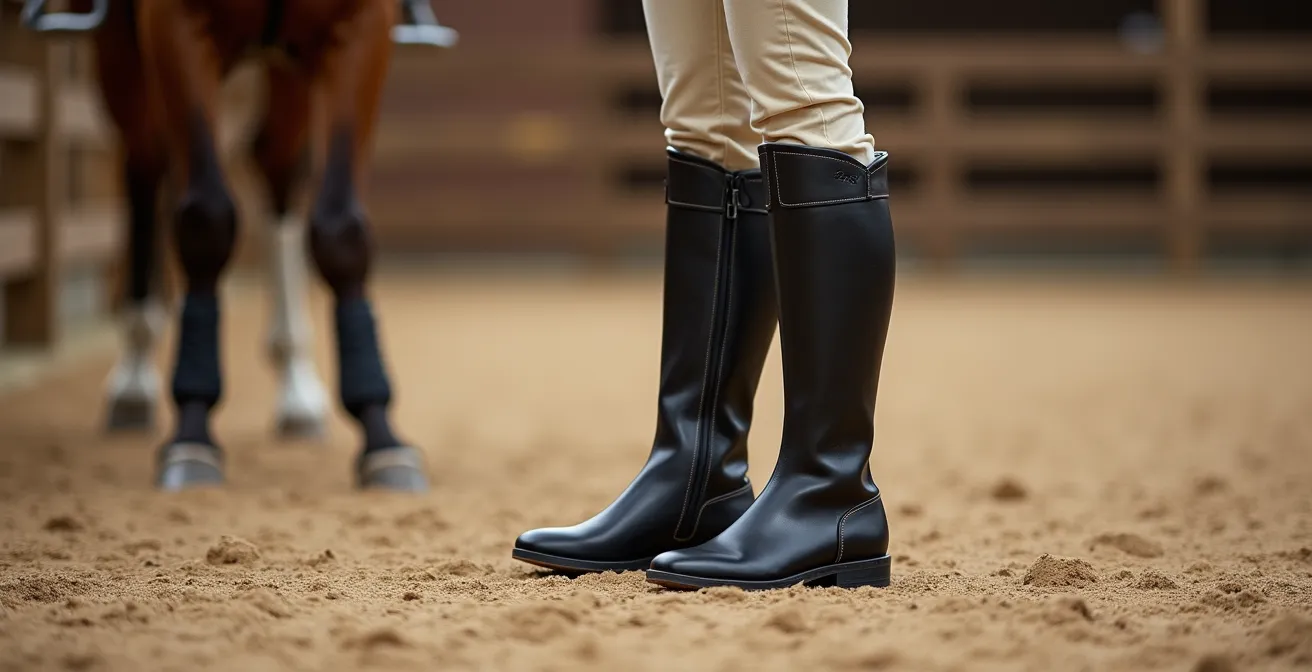 Vue latérale d'une jambe de cavalier positionnée contre les taquets d'une selle d'obstacle