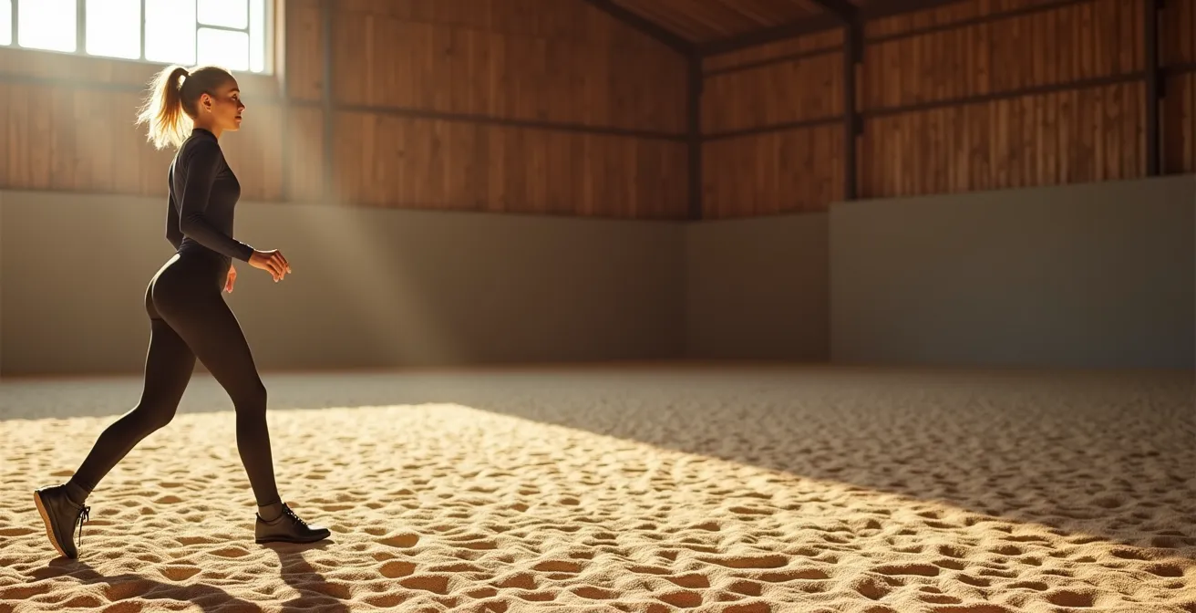 Vue latérale d'une jambe de cavalier montrant la position décontractée optimale pour la fixité