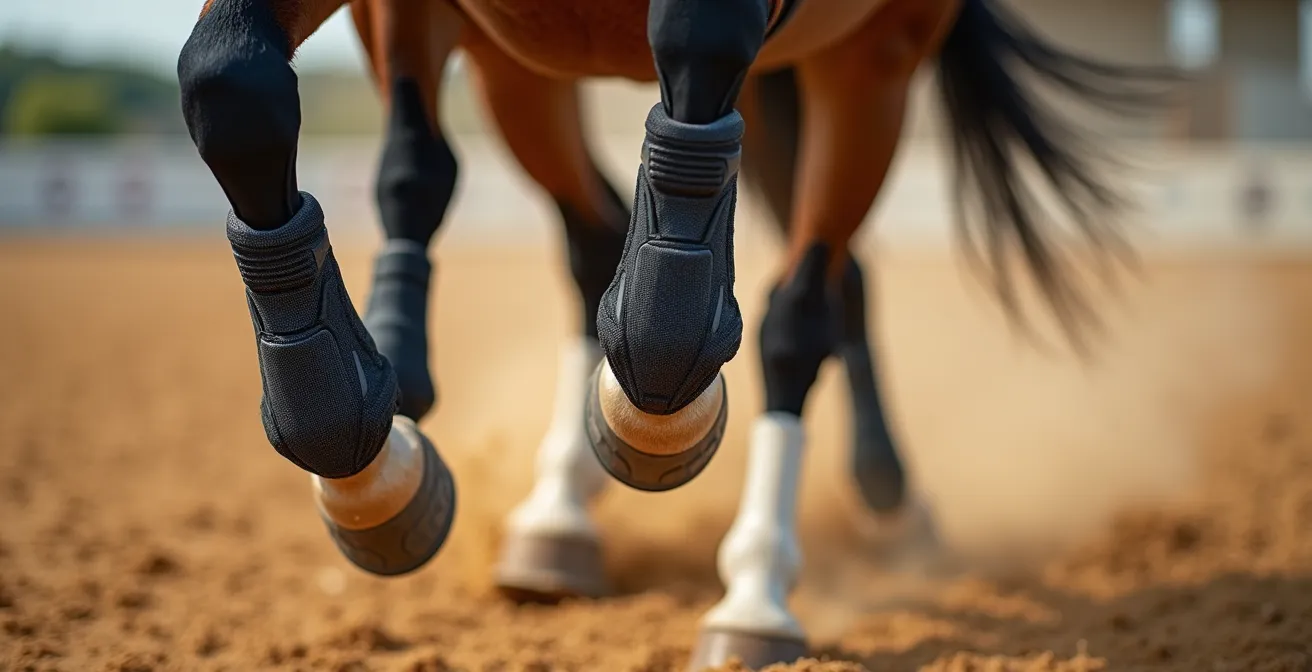 Gros plan sur les membres d'un cheval équipé de guêtres techniques lors d'un saut