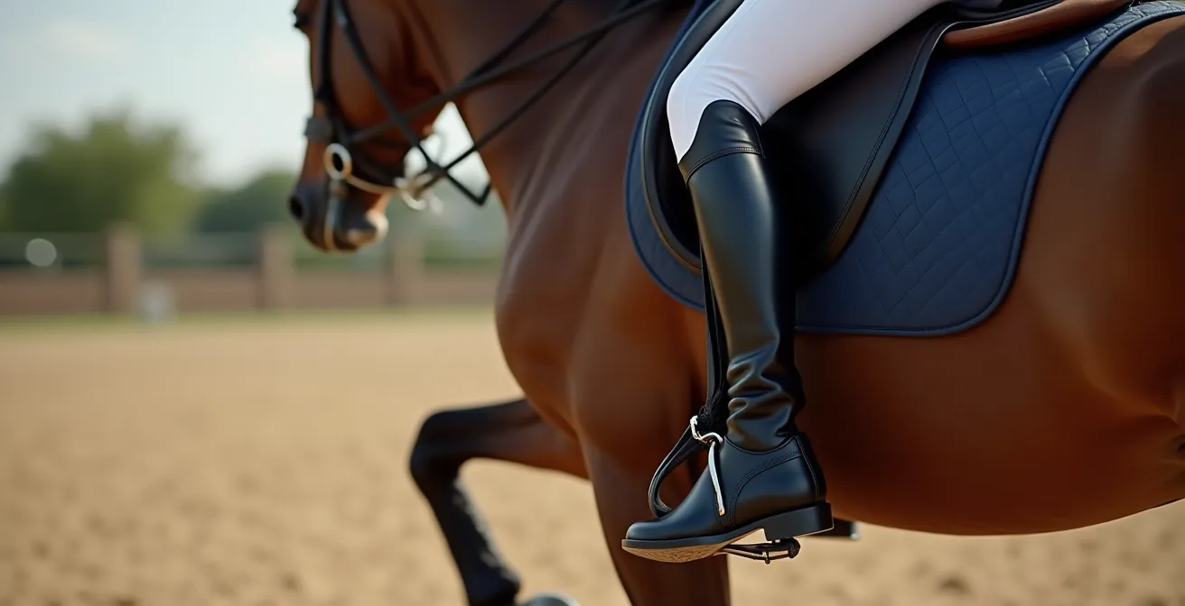 Vue latérale d'un cavalier en position d'obstacle montrant l'alignement du quartier avancé avec le genou plié