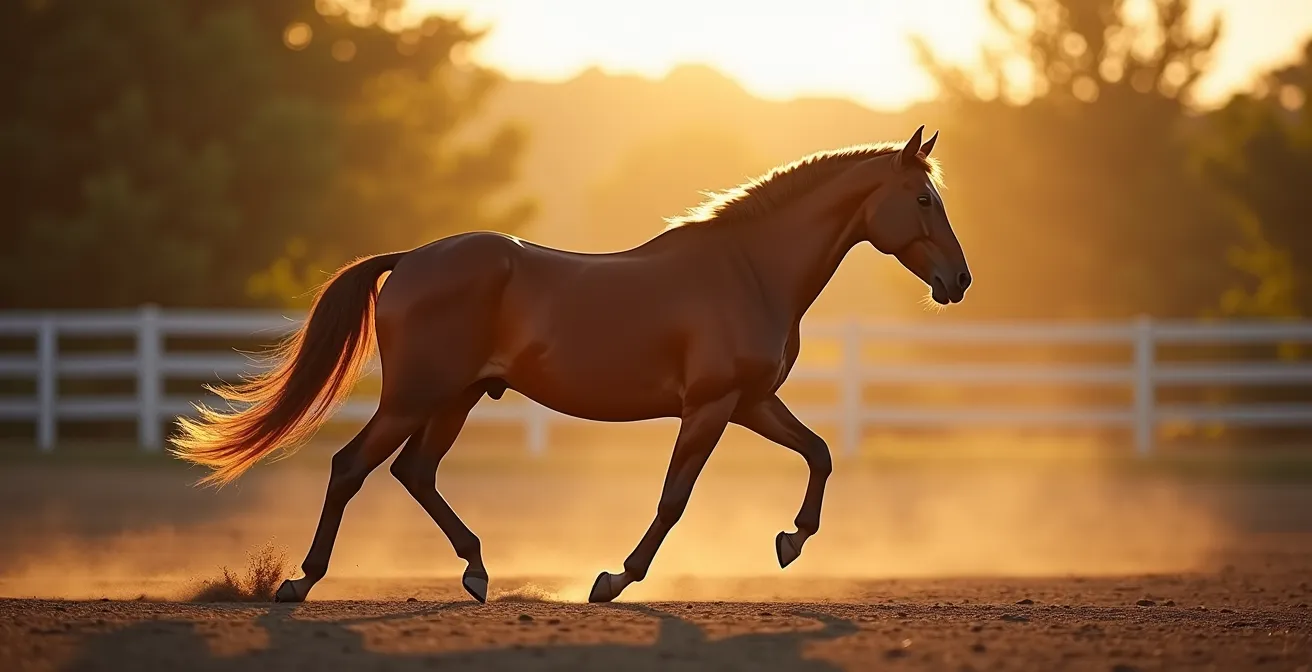 Vue latérale d'un cheval en mouvement montrant l'amplitude de l'épaule
