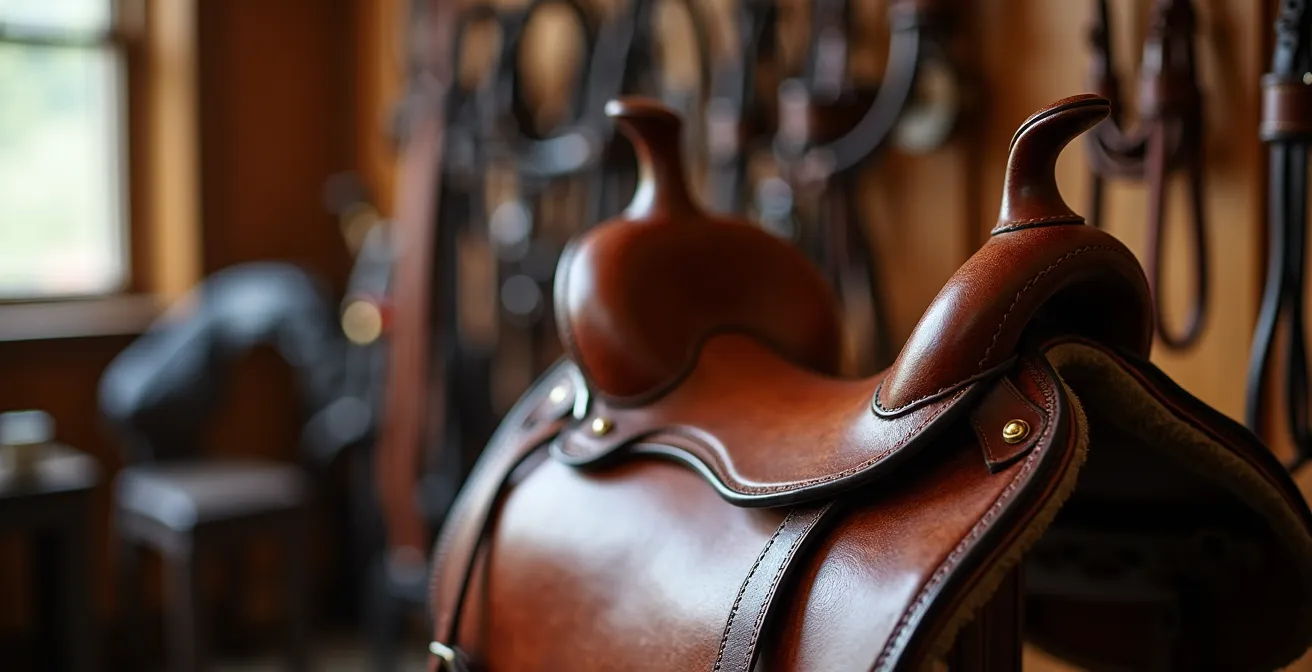 Sellerie bien organisée avec selle, filet et équipements rangés méthodiquement