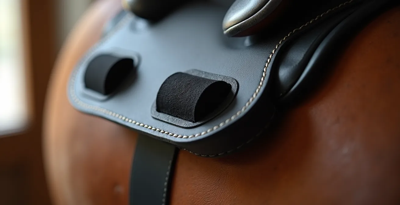 Gros plan sur des taquets velcro amovibles positionnés différemment pour le dressage et l'obstacle