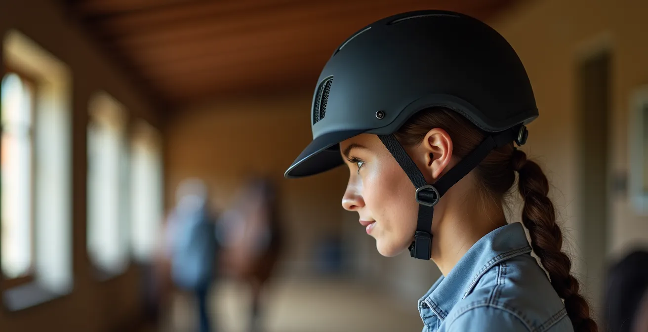 Cavalière effectuant le test d'ajustement du casque tête penchée vers le bas