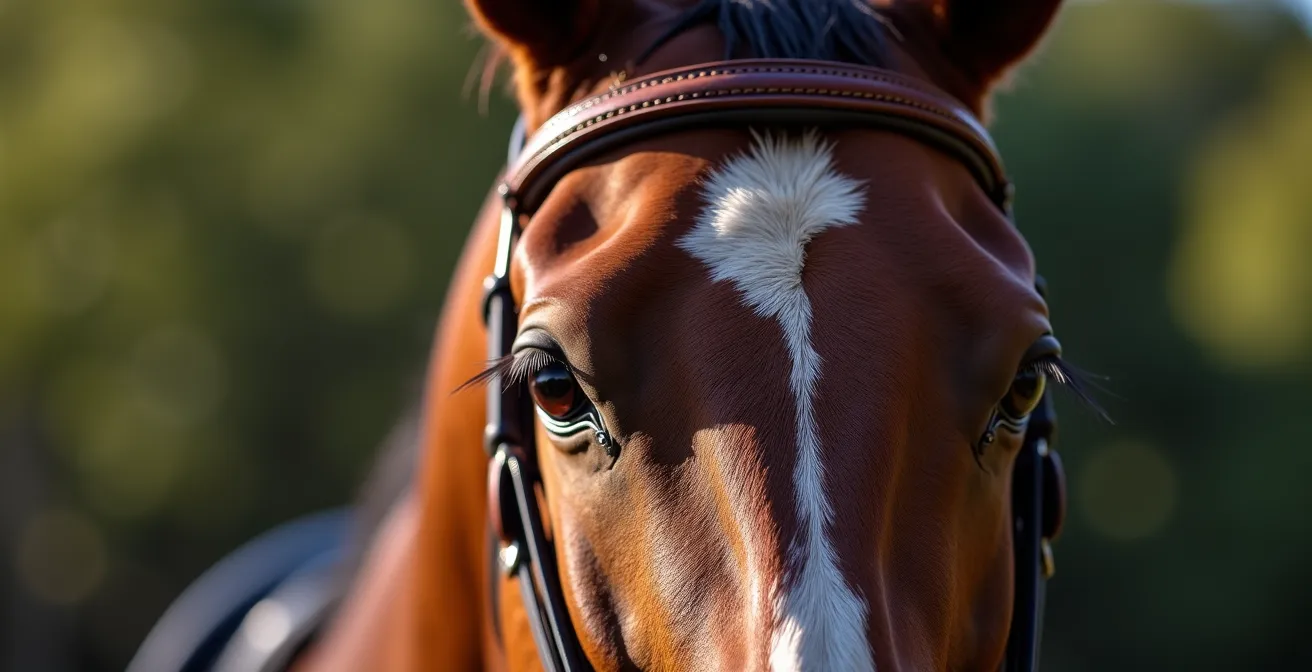 Vue détaillée de l'arrière de la tête d'un cheval montrant l'impact d'une têtière anatomique sur les cervicales