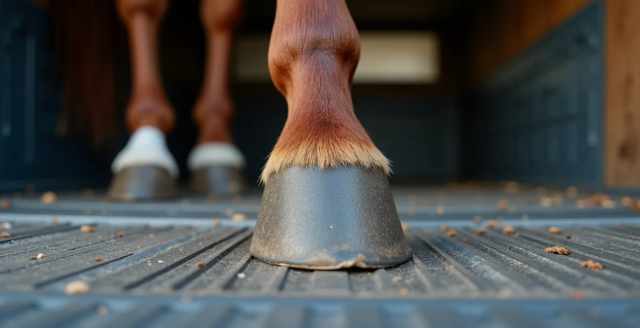 Cheval calme montant dans un van professionnel avec un transporteur expérimenté tenant la longe