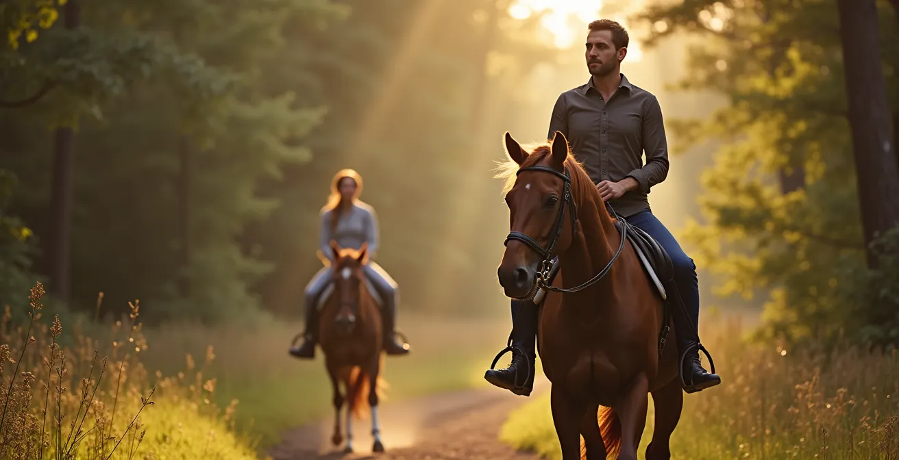 Trotteur réformé et son cavalier en balade tranquille dans un chemin forestier