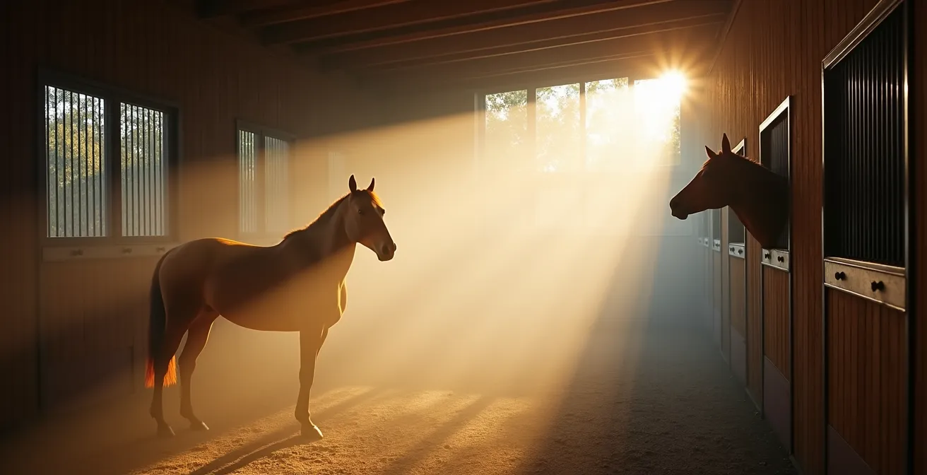 Système de ventilation naturelle dans une écurie montrant la circulation d'air et l'évacuation de l'ammoniac